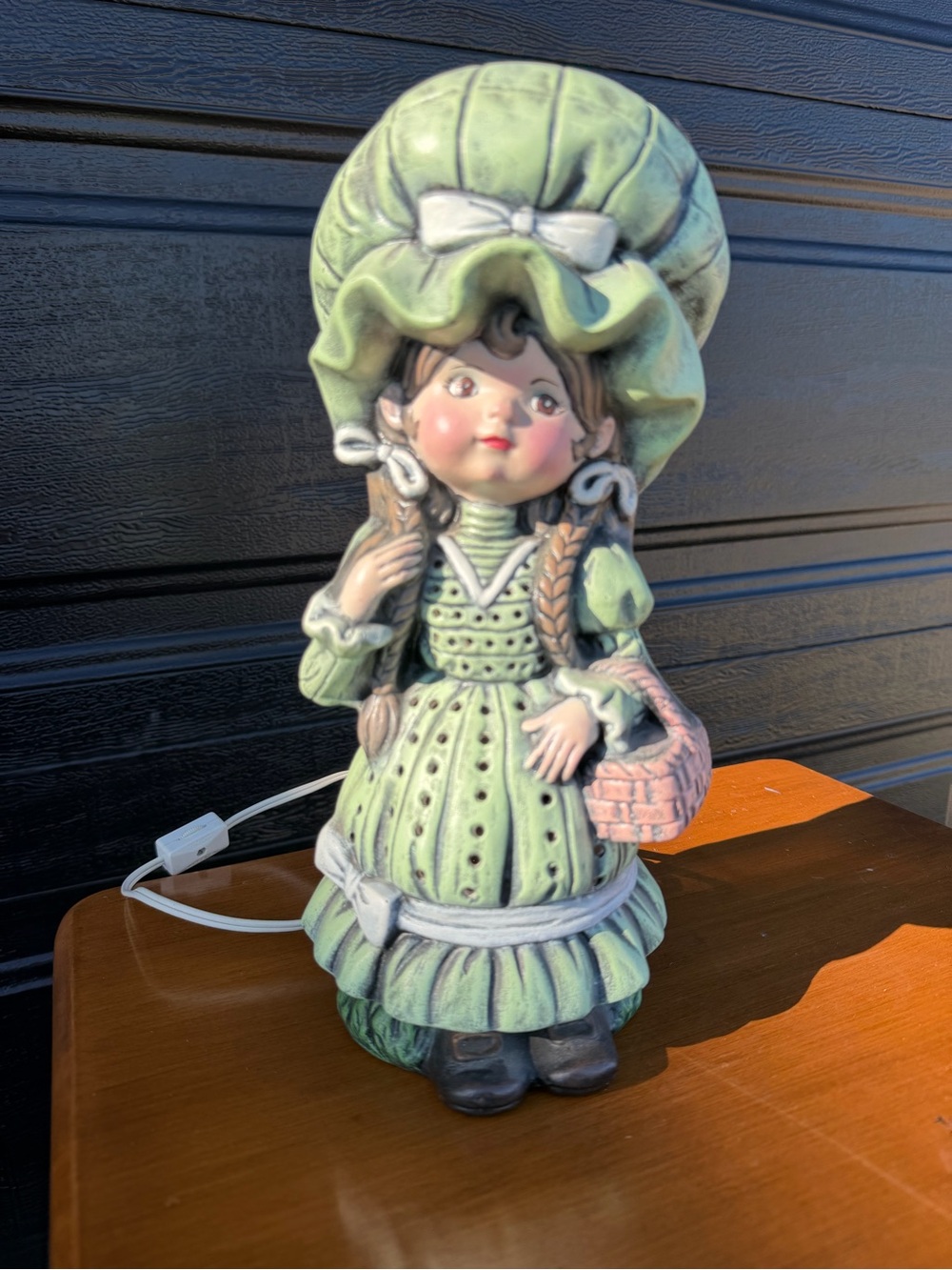 Bonnet Girl Green Blue figurine Lighted Lamp 12" crramic mold Hand Made